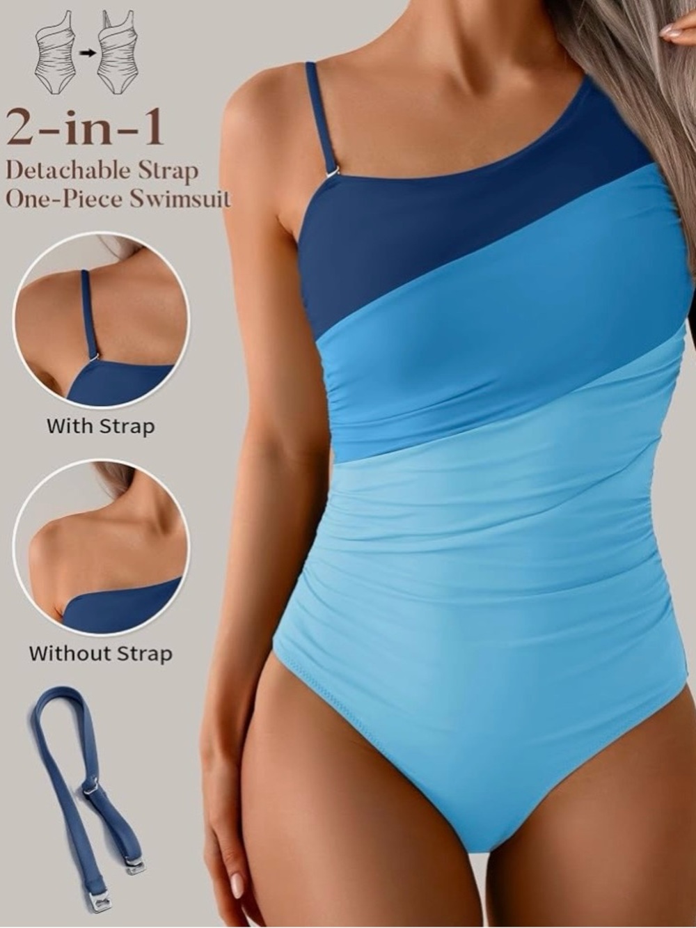 Women’s One-Shoulder Blue Ombre Swim One-Piece - Picture 5 of 6